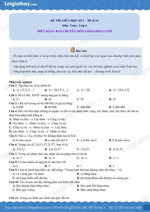 Đề thi giữa kì 1 Toán 6 - Đề số 14